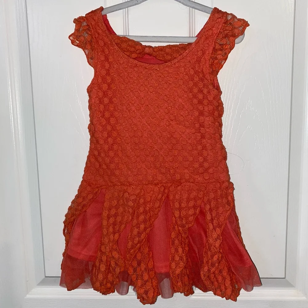 Girls Little Lass Orange Lace Ruffle Summer Dress with faux floral belt Size 4